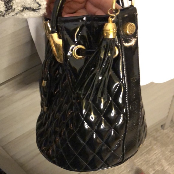 Patent Leather Marino Orlandi Black Bucket Bag Quilted EUC 19” drop handle - Picture 5 of 9